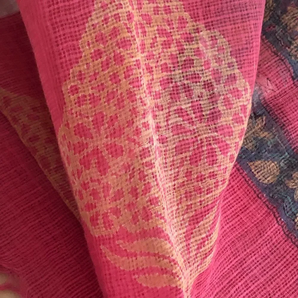 Silk Blend Floral Coral Pink Orange & Blue Paisley Metallic Wrap Scarf - NEW